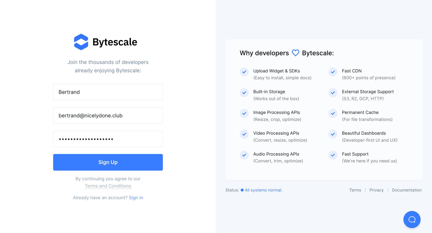 Bytescale - Create Account | Bytescale screen