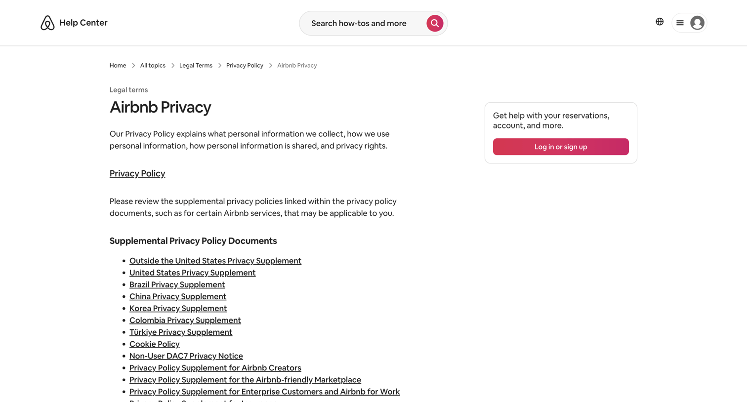 Airbnb - Airbnb Privacy - Airbnb Help Center screen