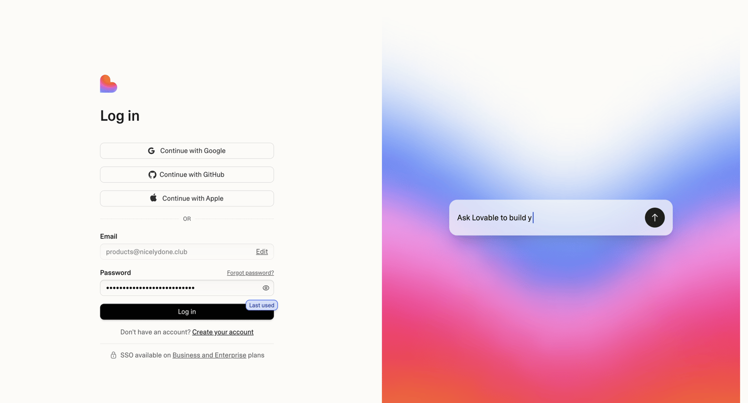 Lovable - Login screen