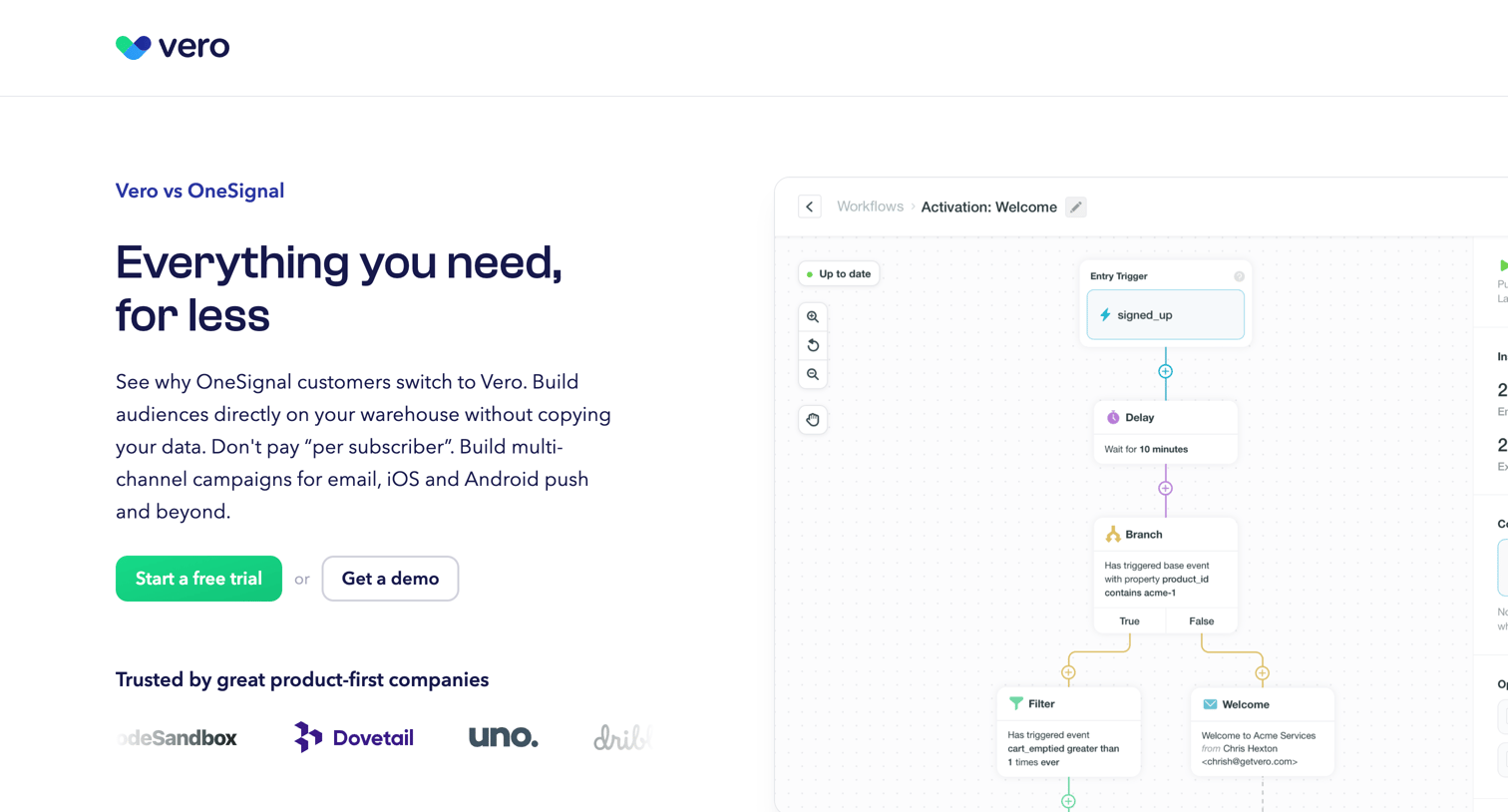 Vero - Vero vs OneSignal | Customer engagement platform comparison screen