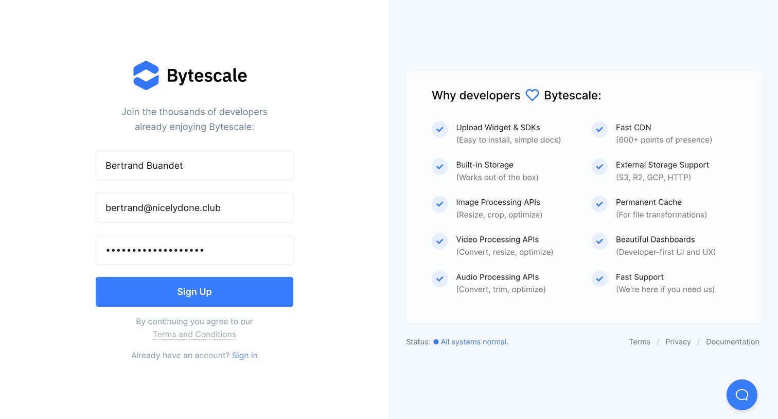 Bytescale - Create Account | Bytescale screen