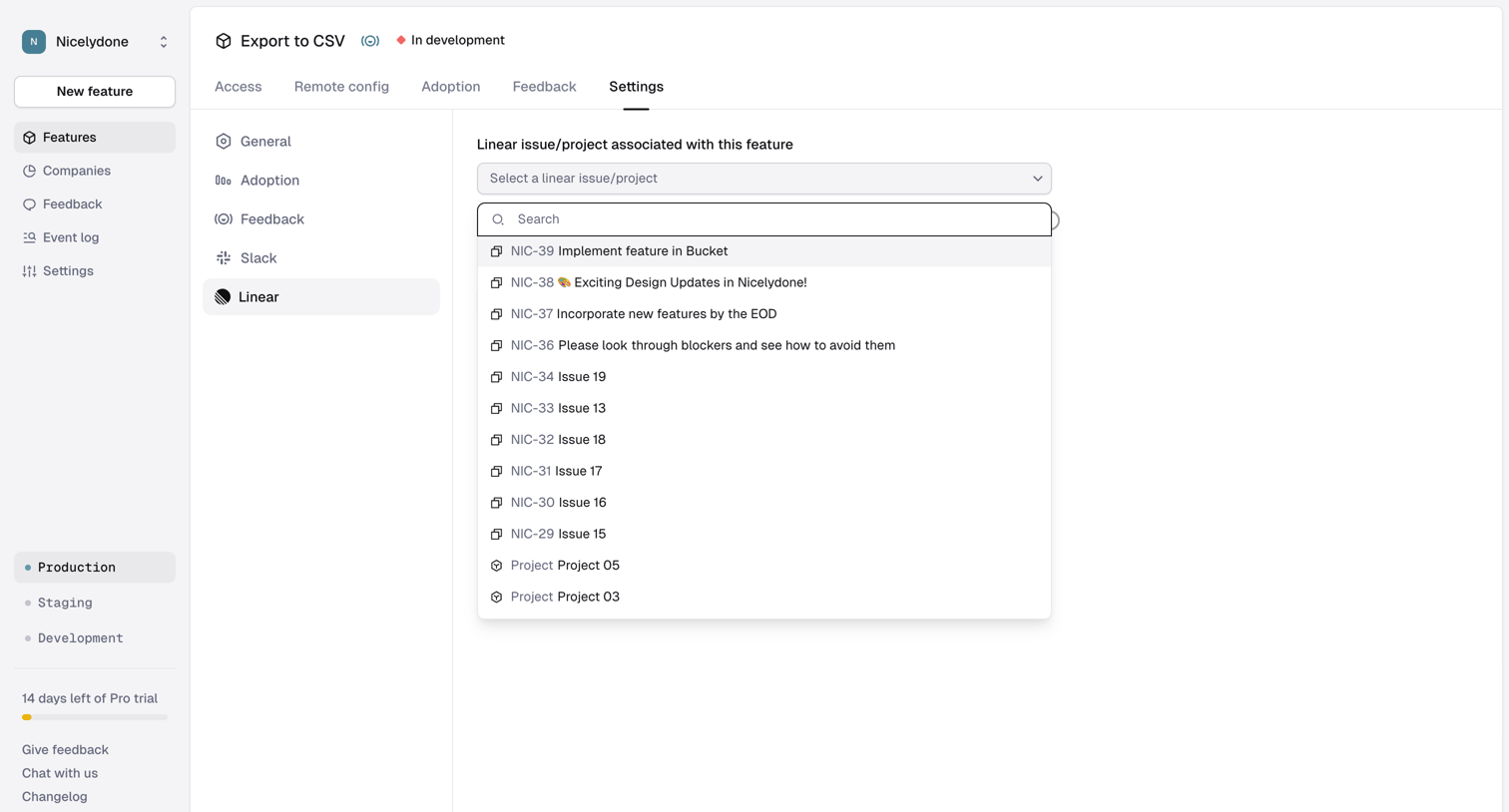 Reflag - Feature › Export to CSV › Feature Settings › Linear screen