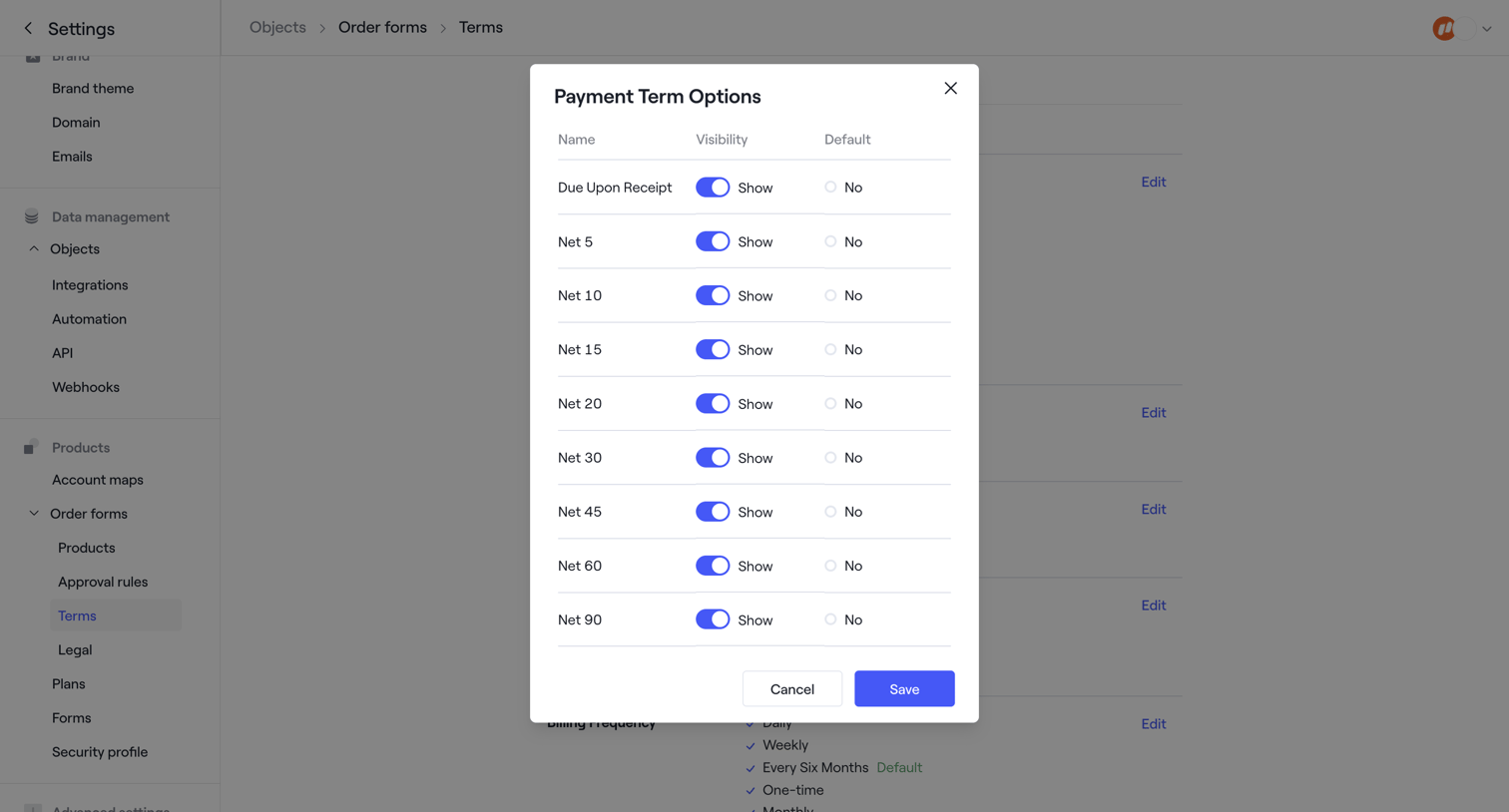 Dock - Order form terms · Dock screen