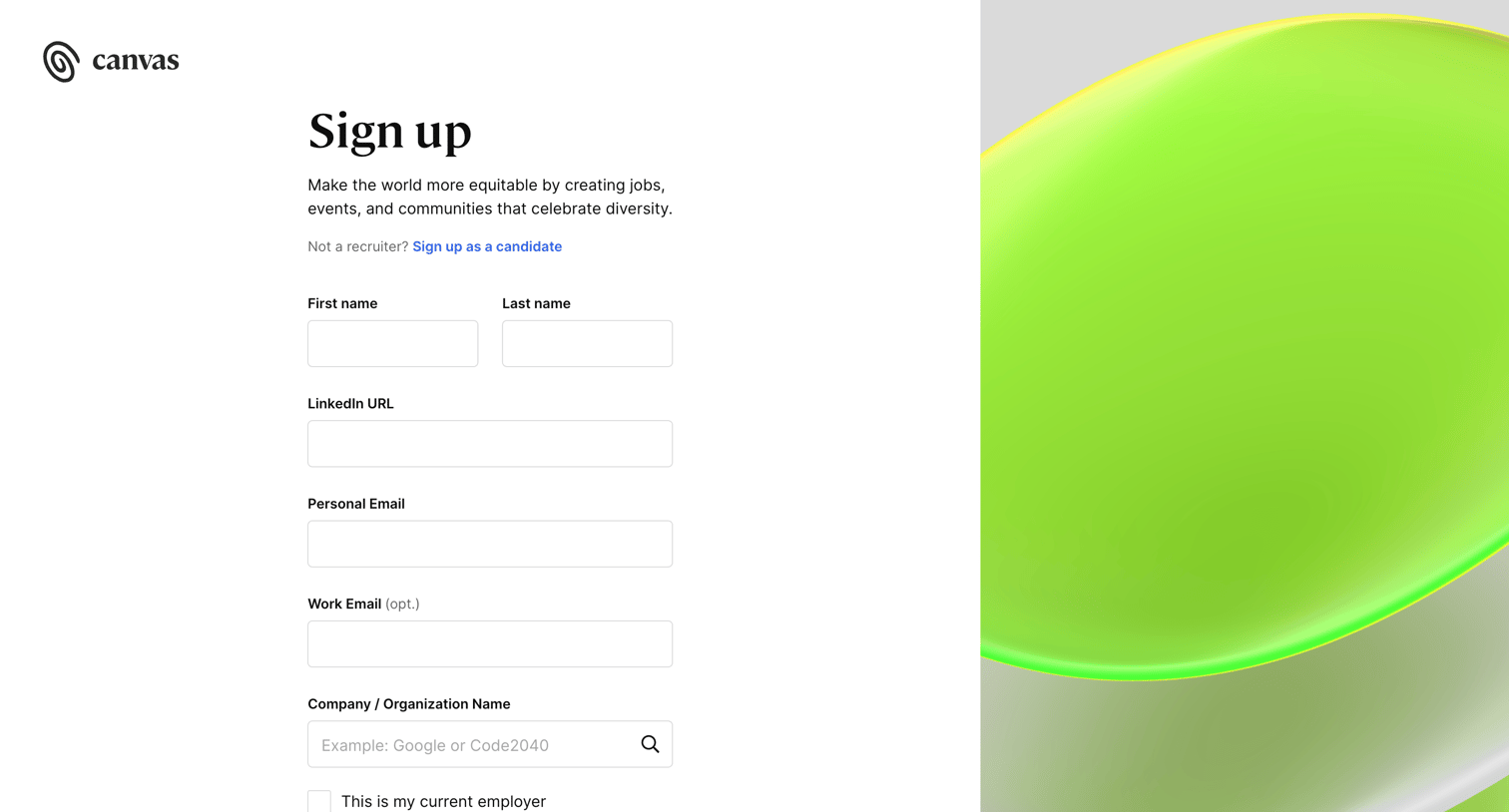 Untapped - Sign Up | Diversity hiring tool Canvas screen