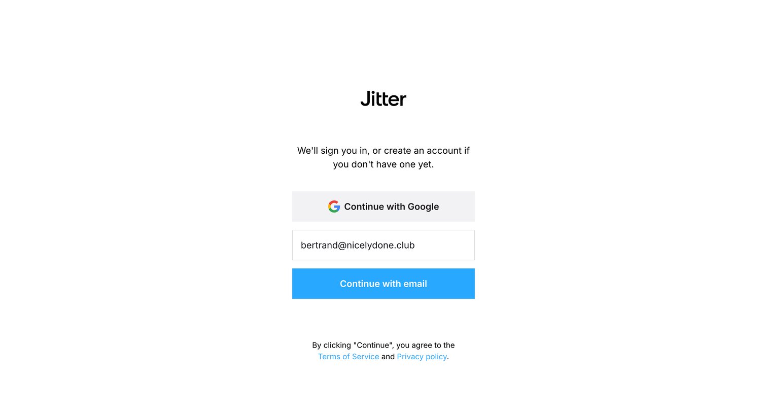 Jitter - Sign up · Jitter screen
