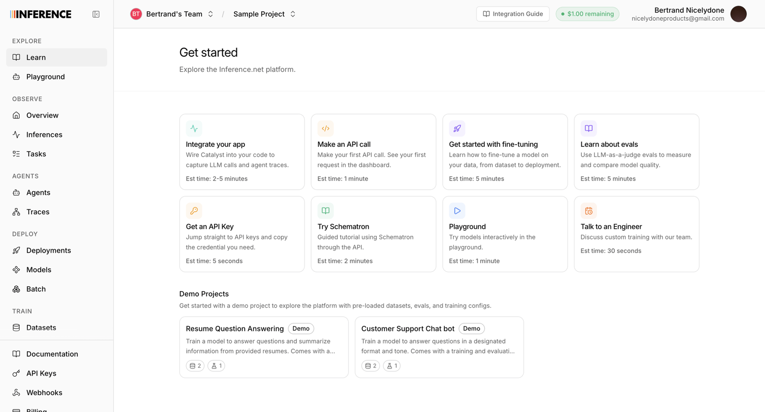 Inference - Dashboard | inference.net screen