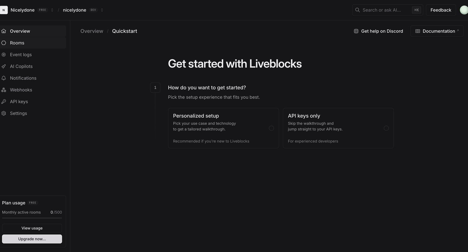 Liveblocks - nicelydone (Development) | nicelydone (Development) | Quickstart screen