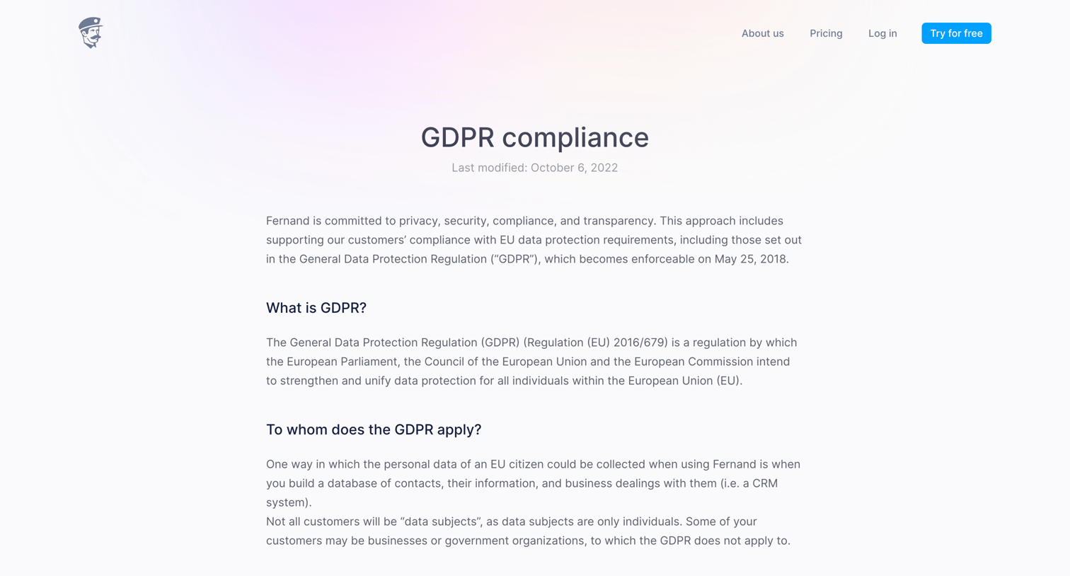 Fernand - GDPR compliance - Fernand screen