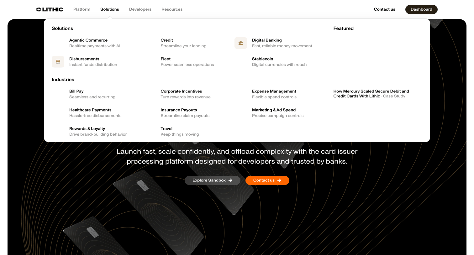 Lithic - Programmable Card Issuing and Money Movement | Lithic - hover: Solutions screen