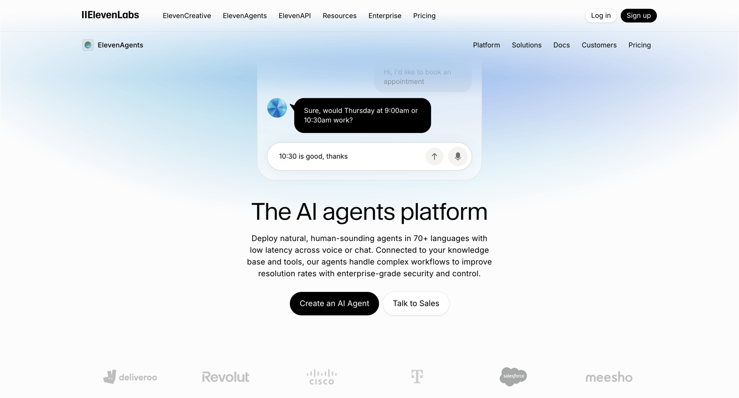Elevenlabs - Deploy AI Agents in Minutes, Not Months  Chat & Voice screen