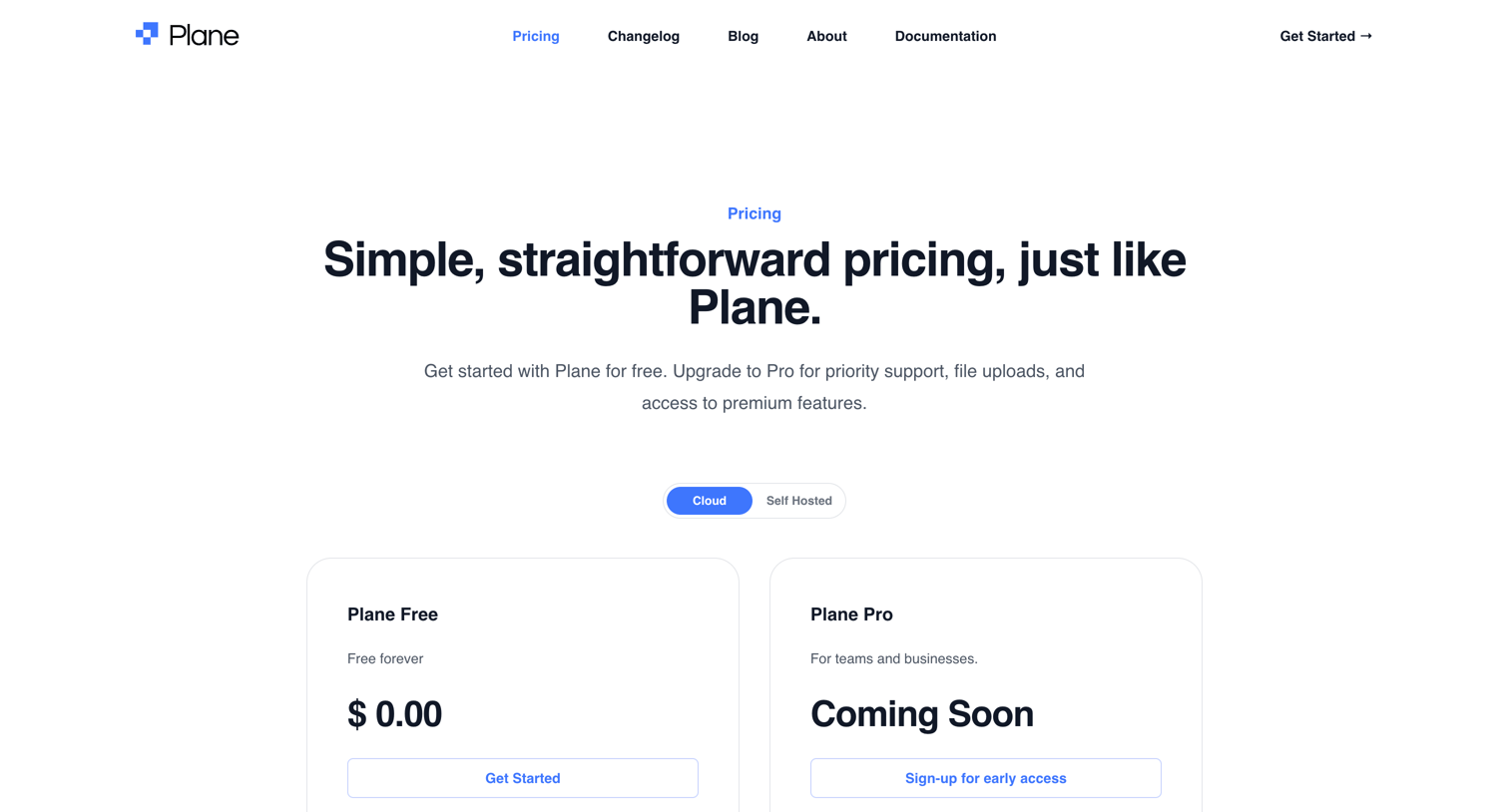 Plane - Pricing - Plane screen