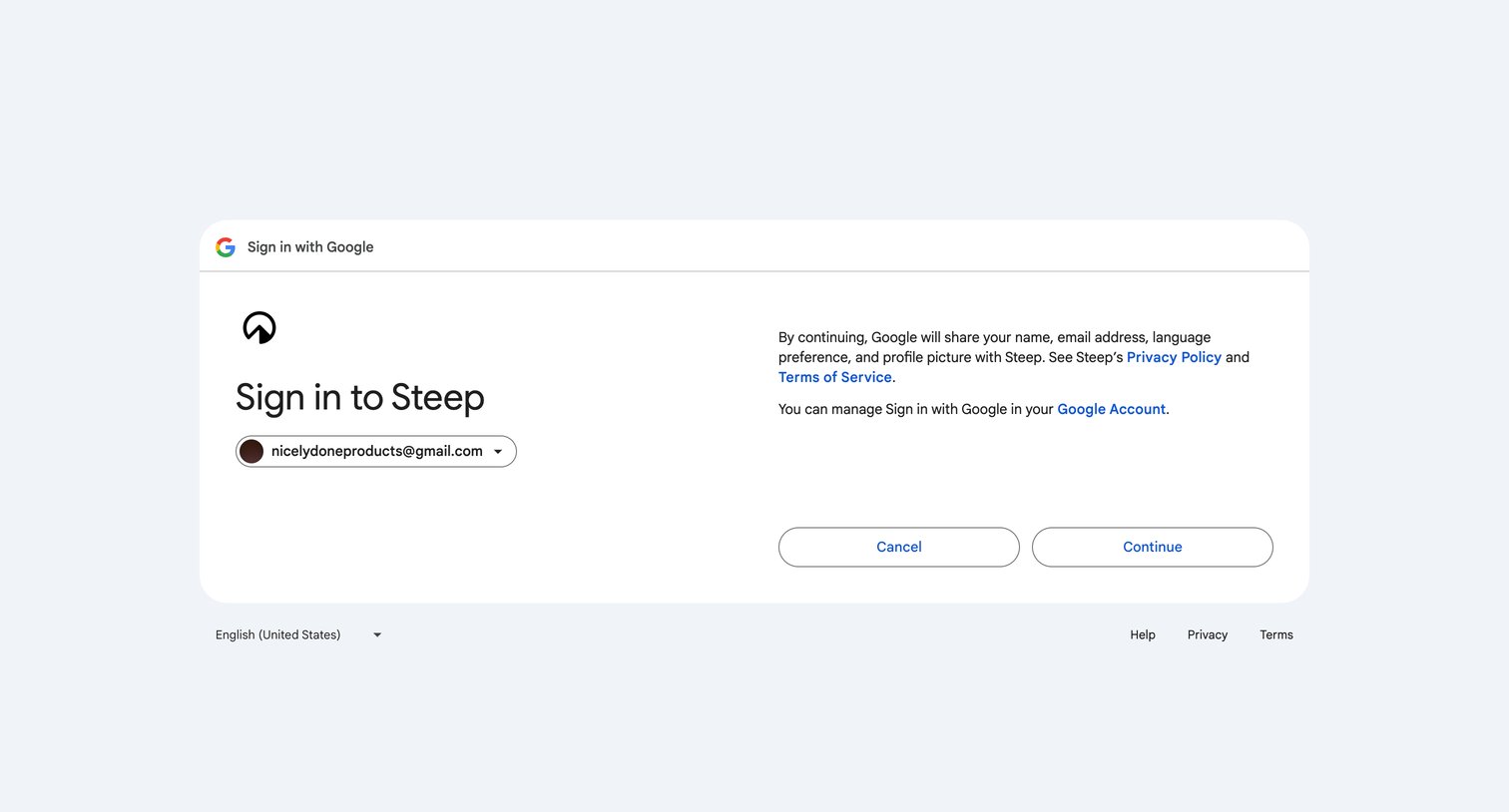 Steep - Sign in - Google Accounts screen