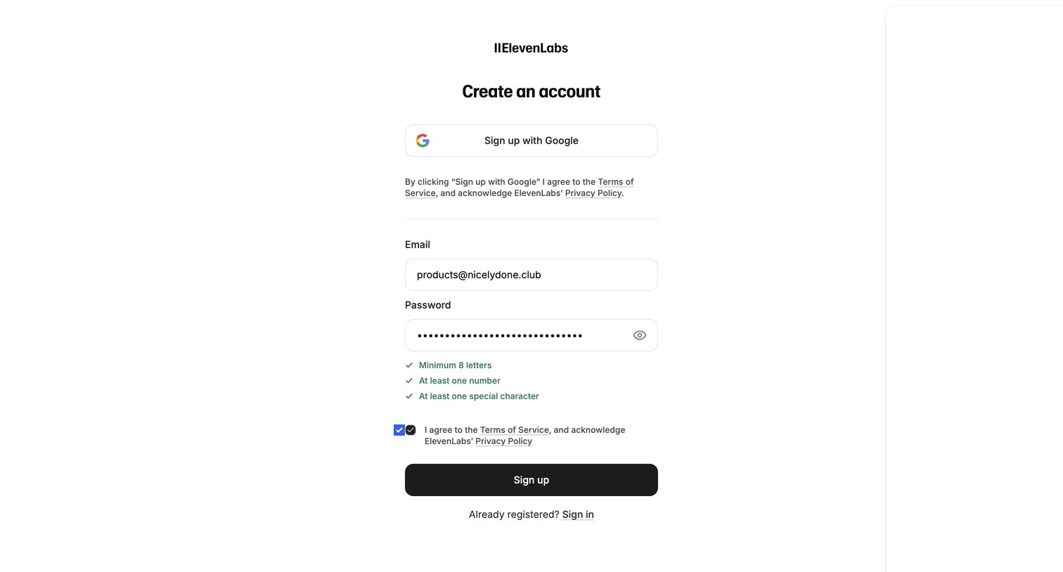 Elevenlabs - Sign Up | ElevenLabs screen