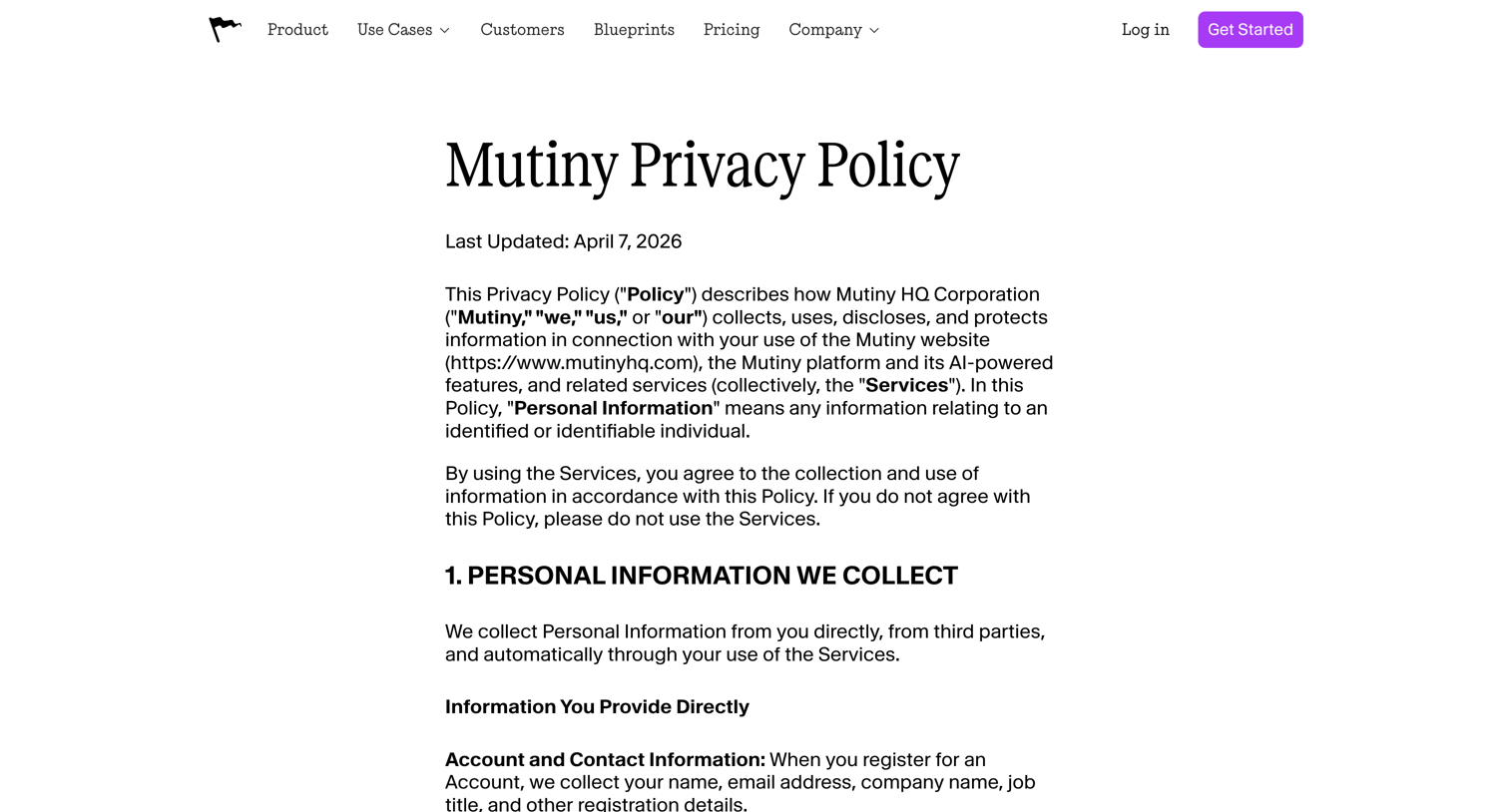 Privacy Policy from Mutinyhq