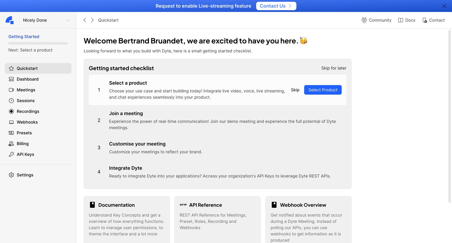 Dyte - Dyte - Developer Portal screen