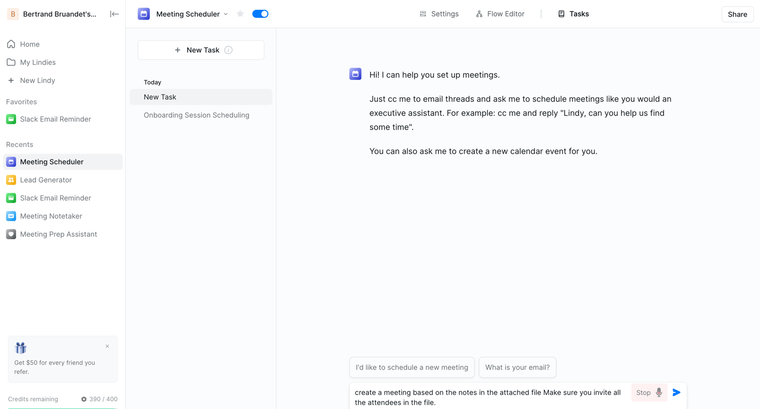 Lindy - Meeting Scheduler - New Task screen