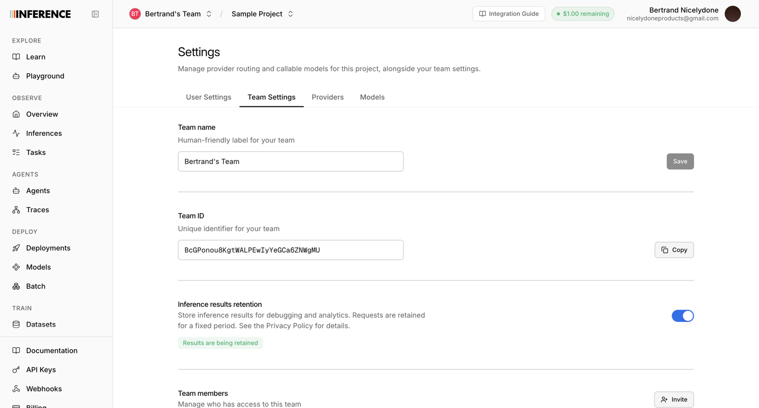 Inference - Settings | inference.net screen