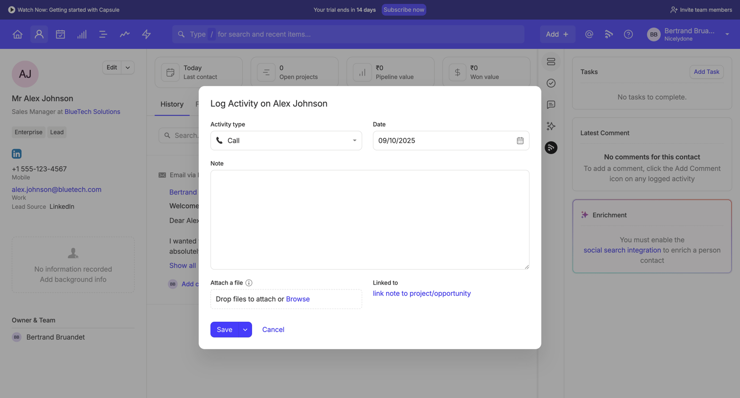 Capsule - Alex Johnson | Nicelydone CRM screen