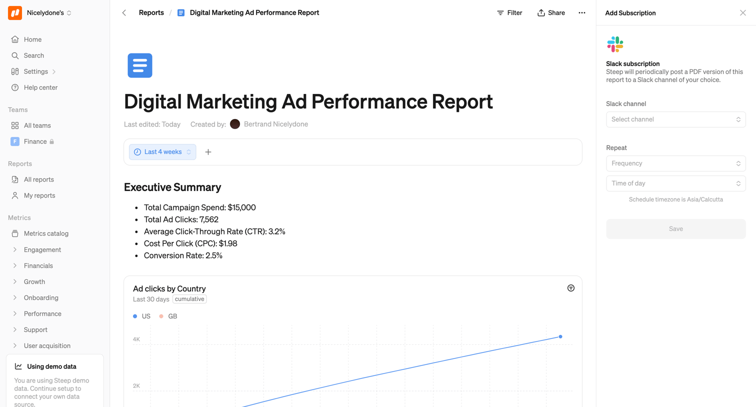 Steep - Digital Marketing Ad Performance Report screen