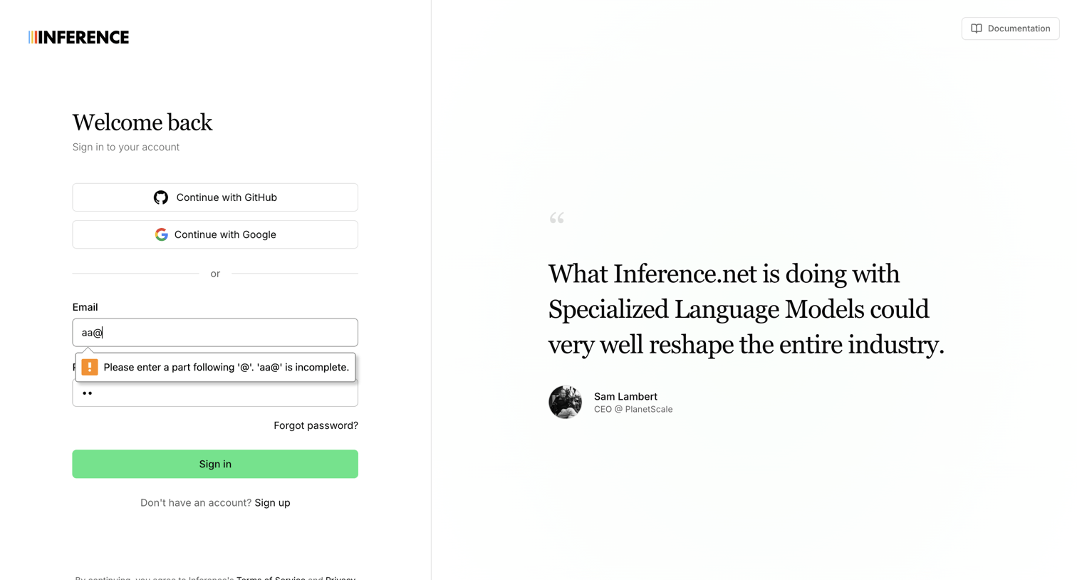 Inference - Sign In | Inference.net screen