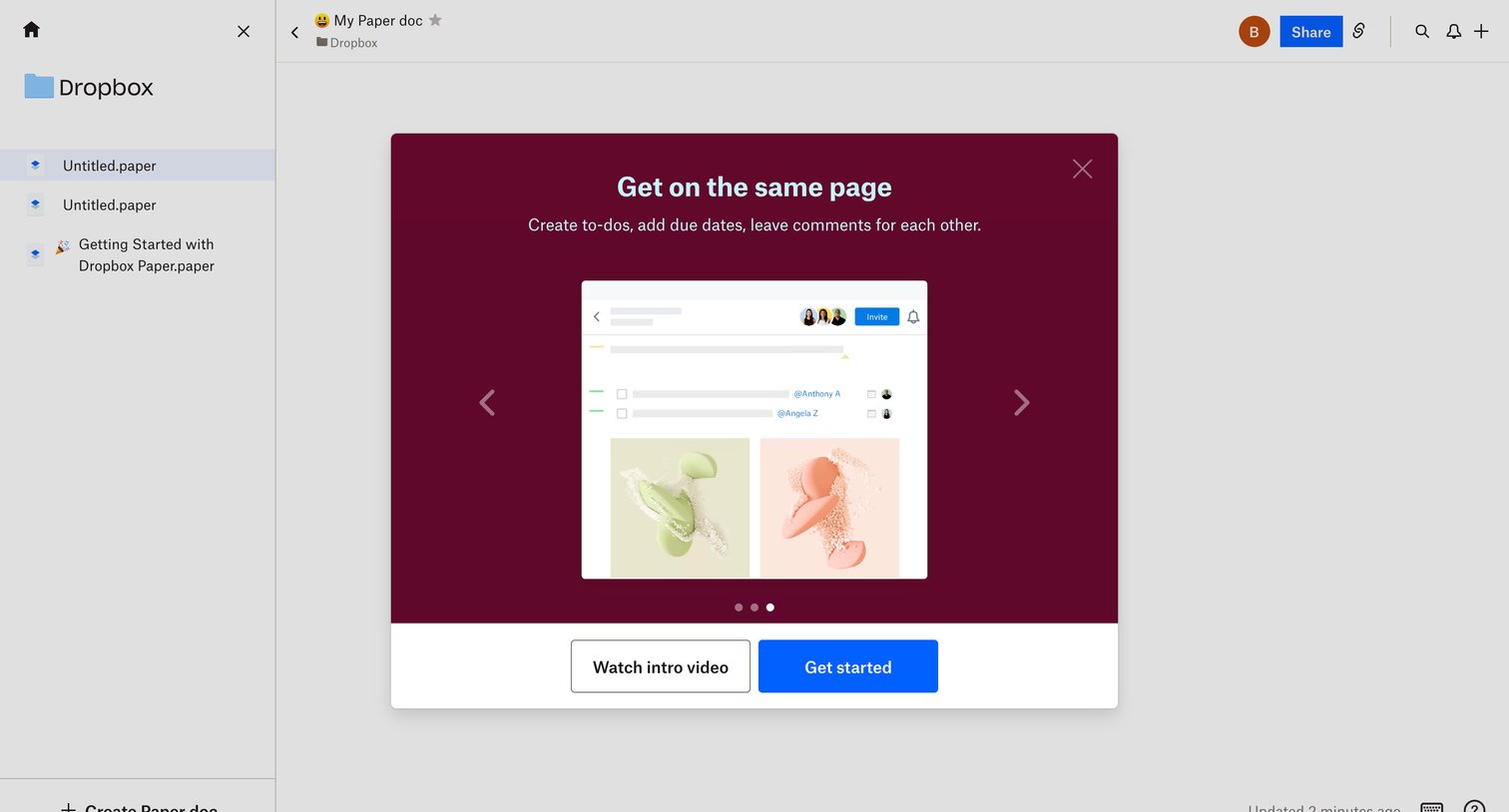 Dropbox paper - My Paper doc - Dropbox Paper screen