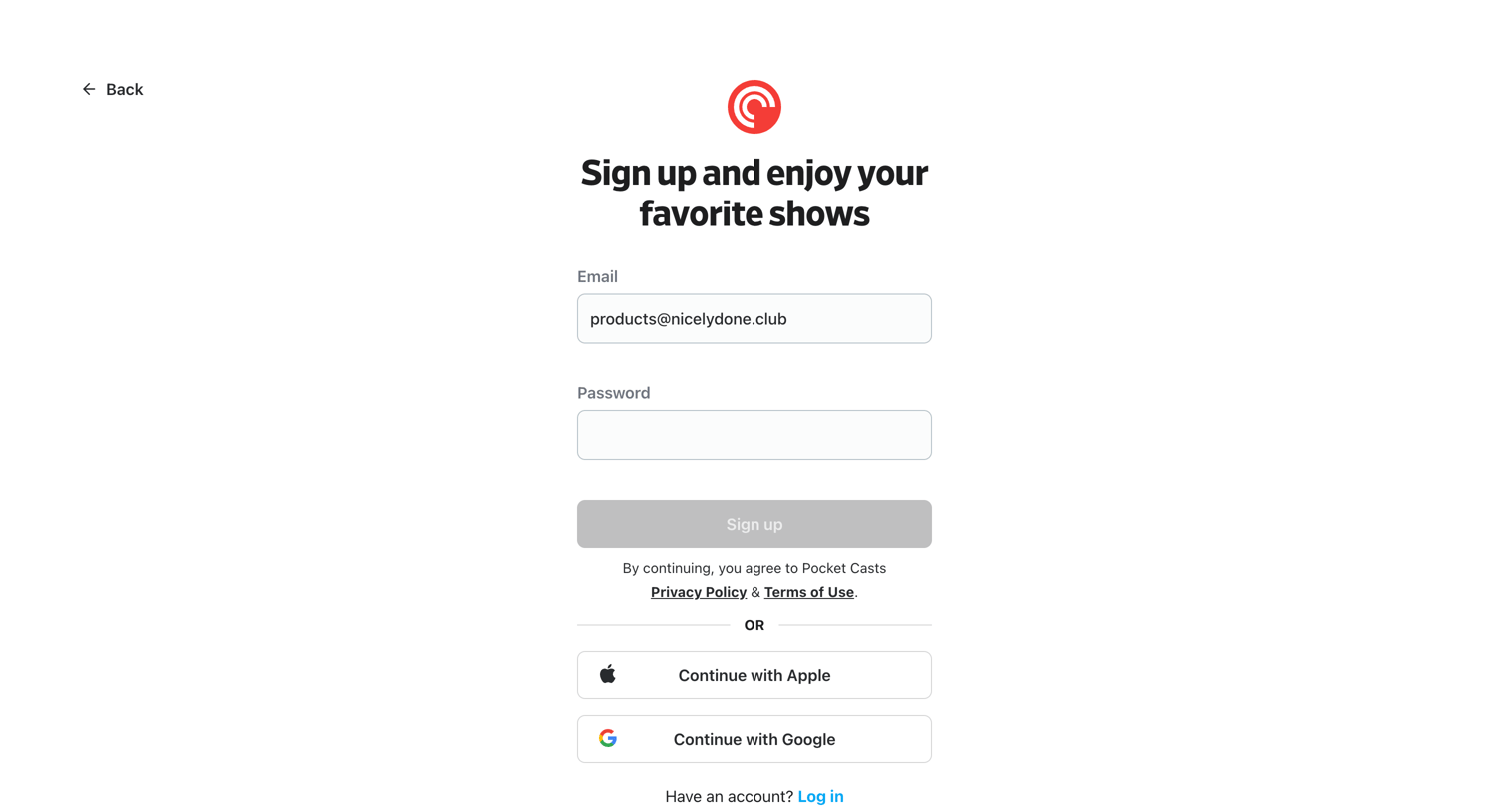 Pocket Casts - Log in - Pocket Casts screen