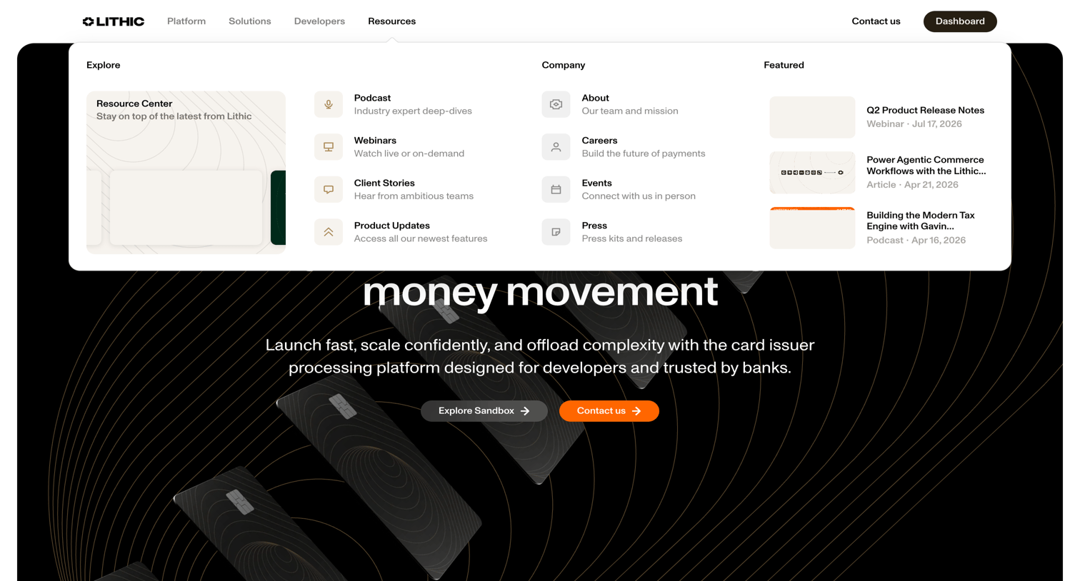 Lithic - Programmable Card Issuing and Money Movement | Lithic - hover: Resources screen