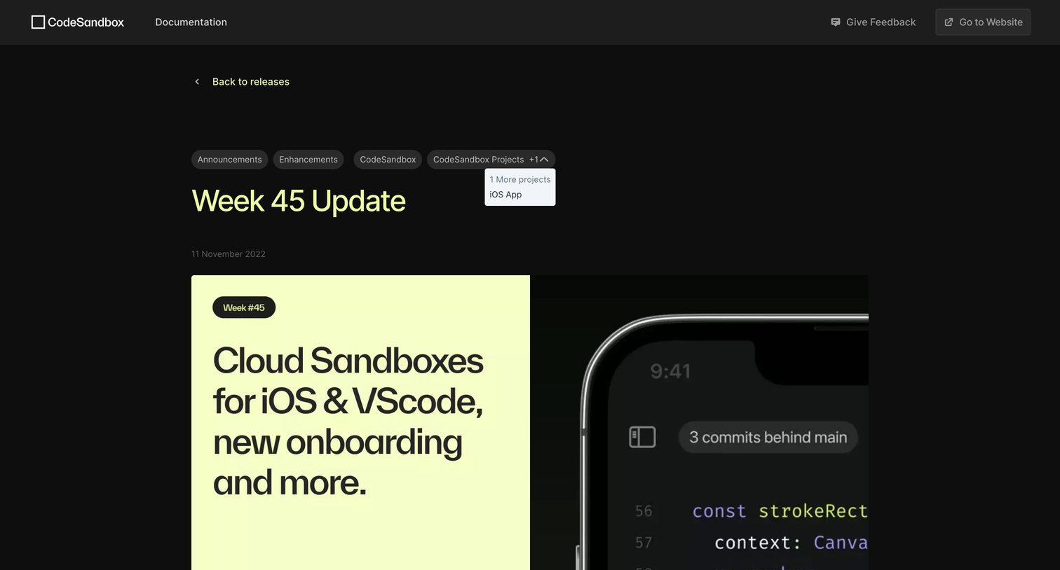 CodeSandbox - Week 45 Update screen
