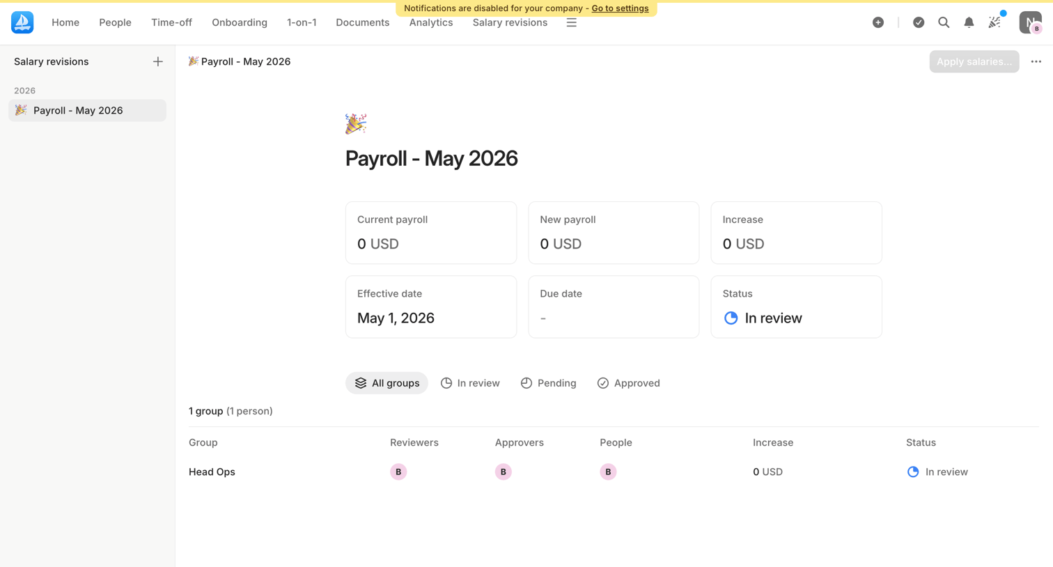 Aboard - Payroll - May 2026 - Salary revisions | Aboard screen