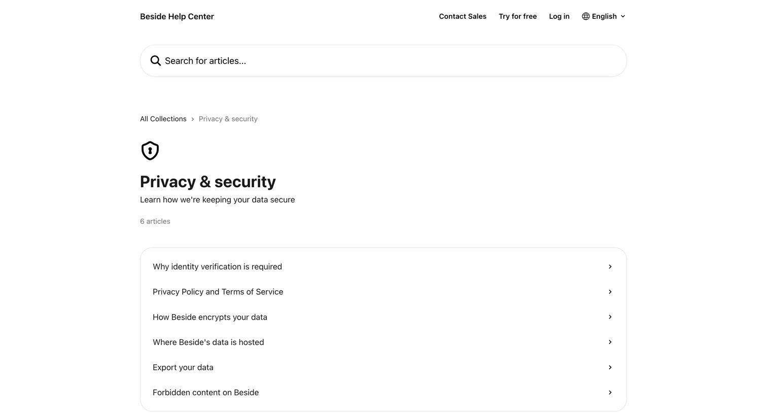 Beside - Privacy & security Beside Help Center screen