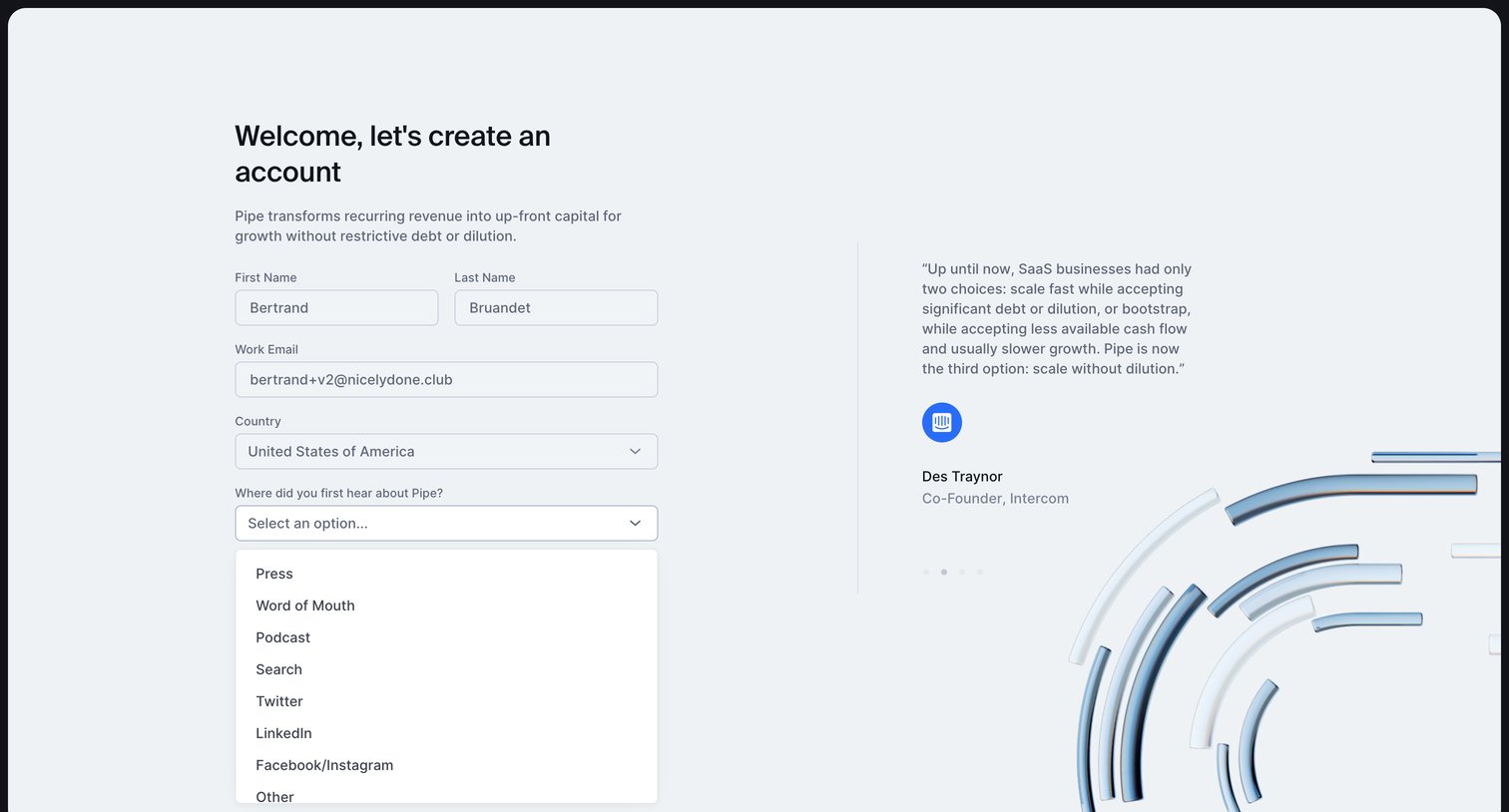 Pipe - Lets create an account screen
