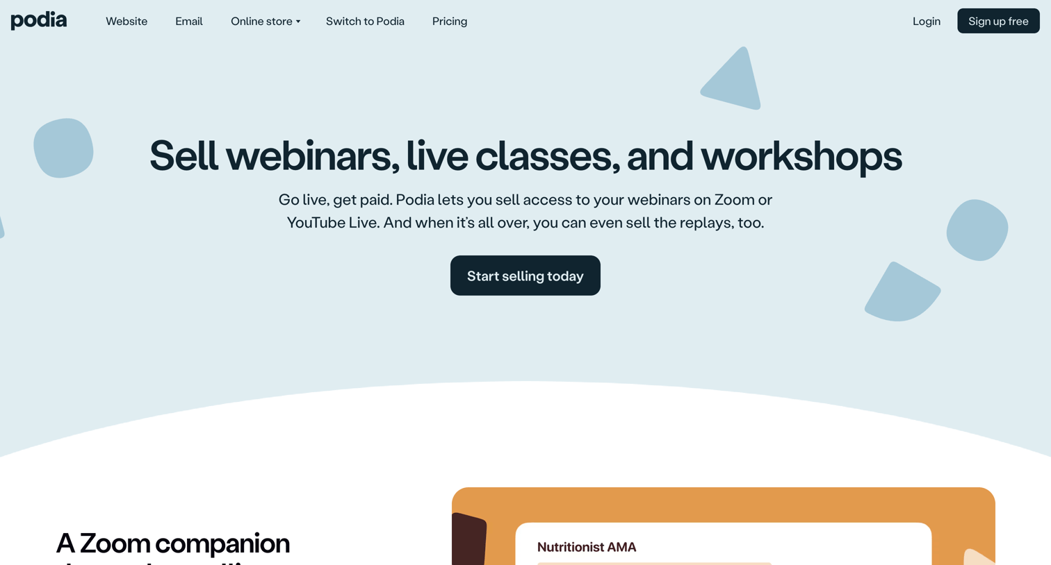 Podia - Sell webinars, live classes, and workshops | Podia screen