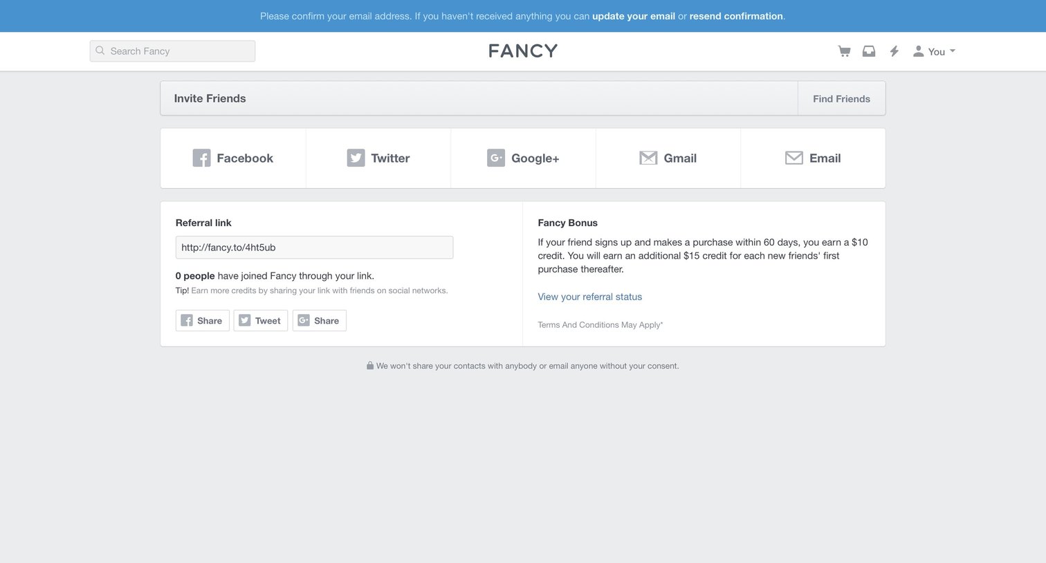 Fancy - Invite friends screen