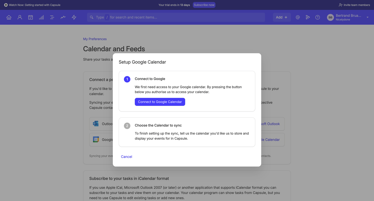 Capsule - Calendar and Feeds | Nicelydone CRM screen