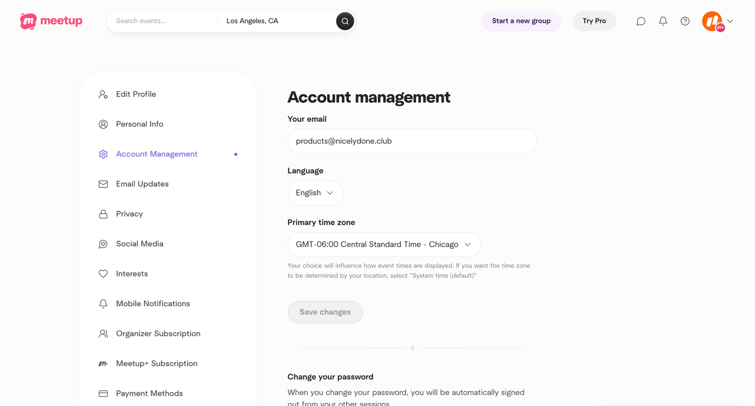 Meetup - Account management screen