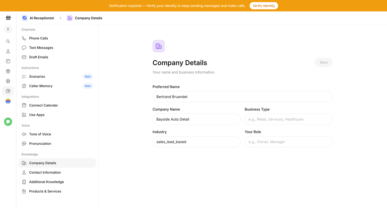 Beside - Company Details - AI Receptionist - Beside screen