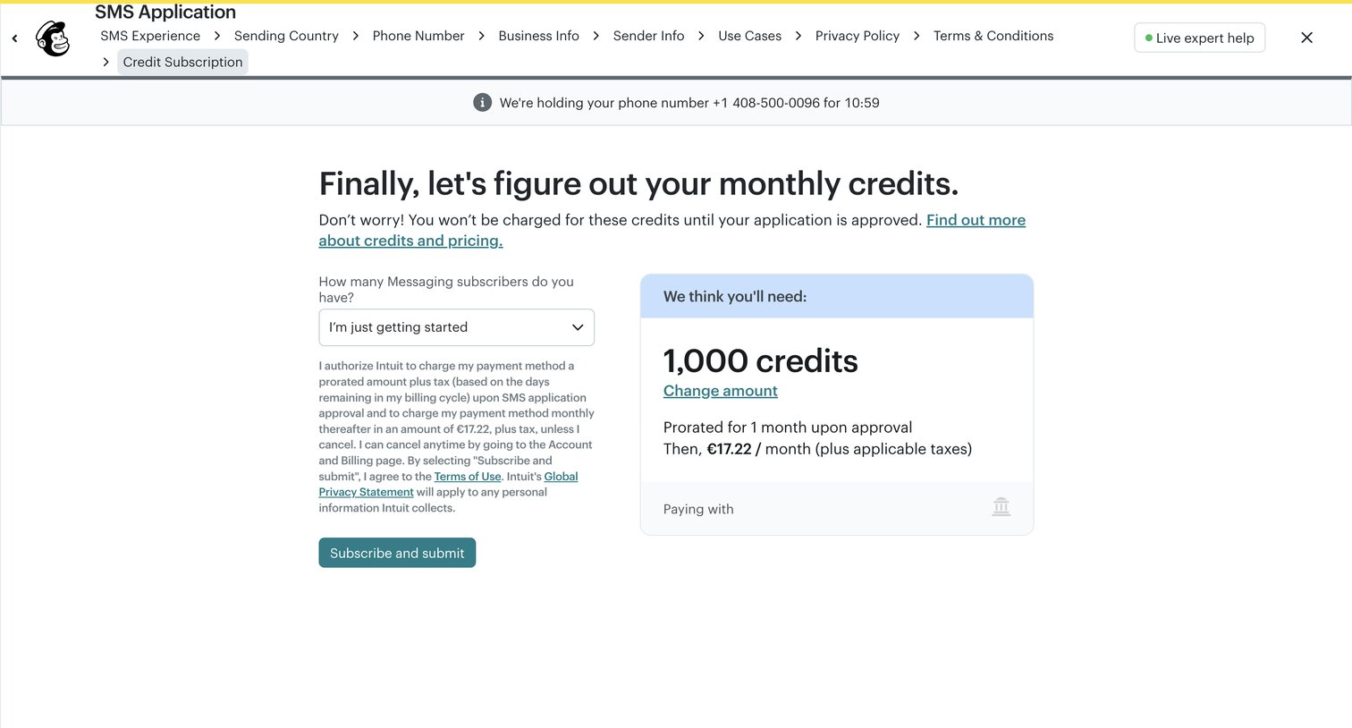 Mailchimp - Finally, let's figure out your monthly credits. - SMS Channel Setup | Mailchimp screen