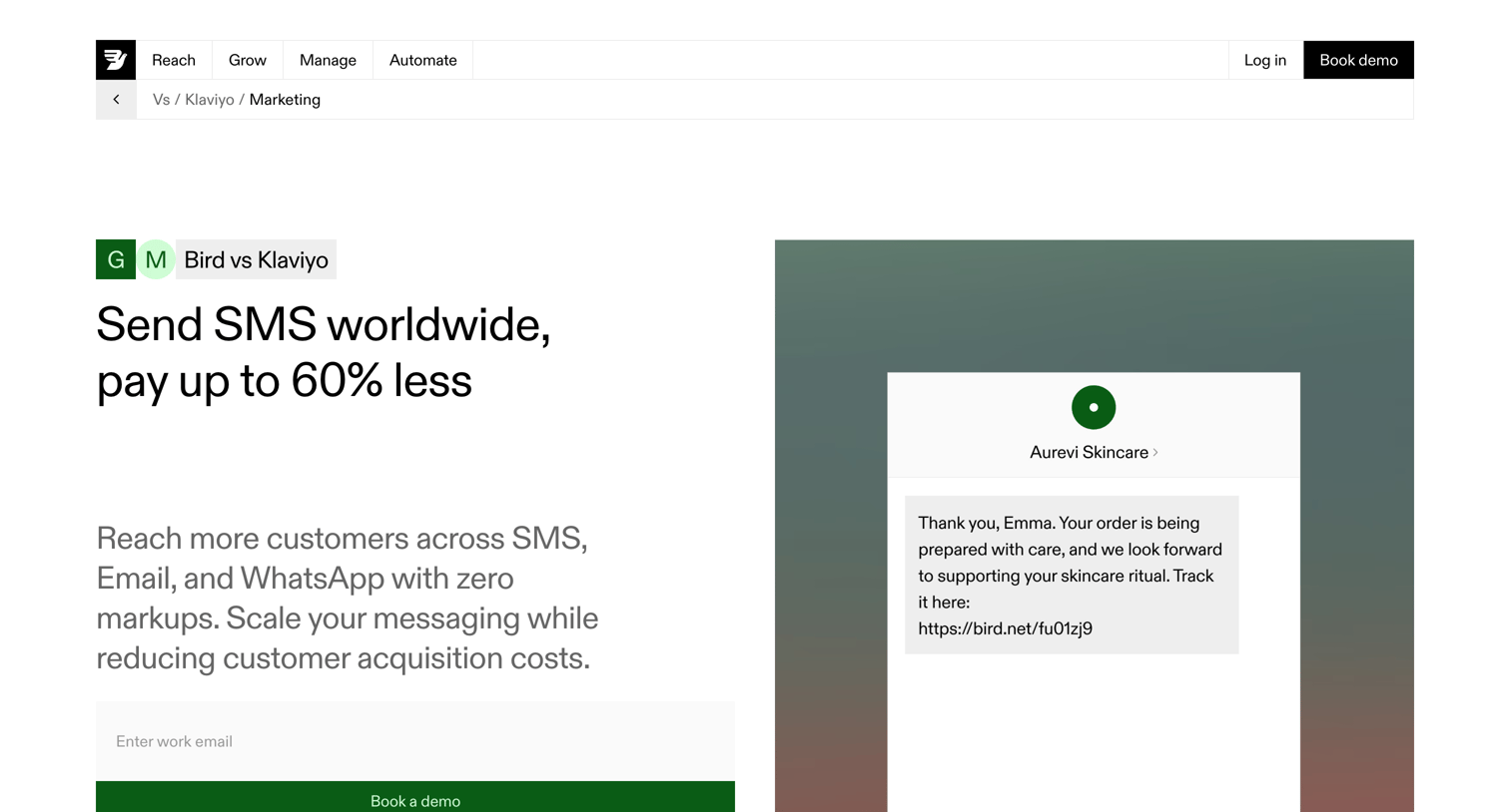 Bird - Bird vs Klaviyo Lower SMS costs screen