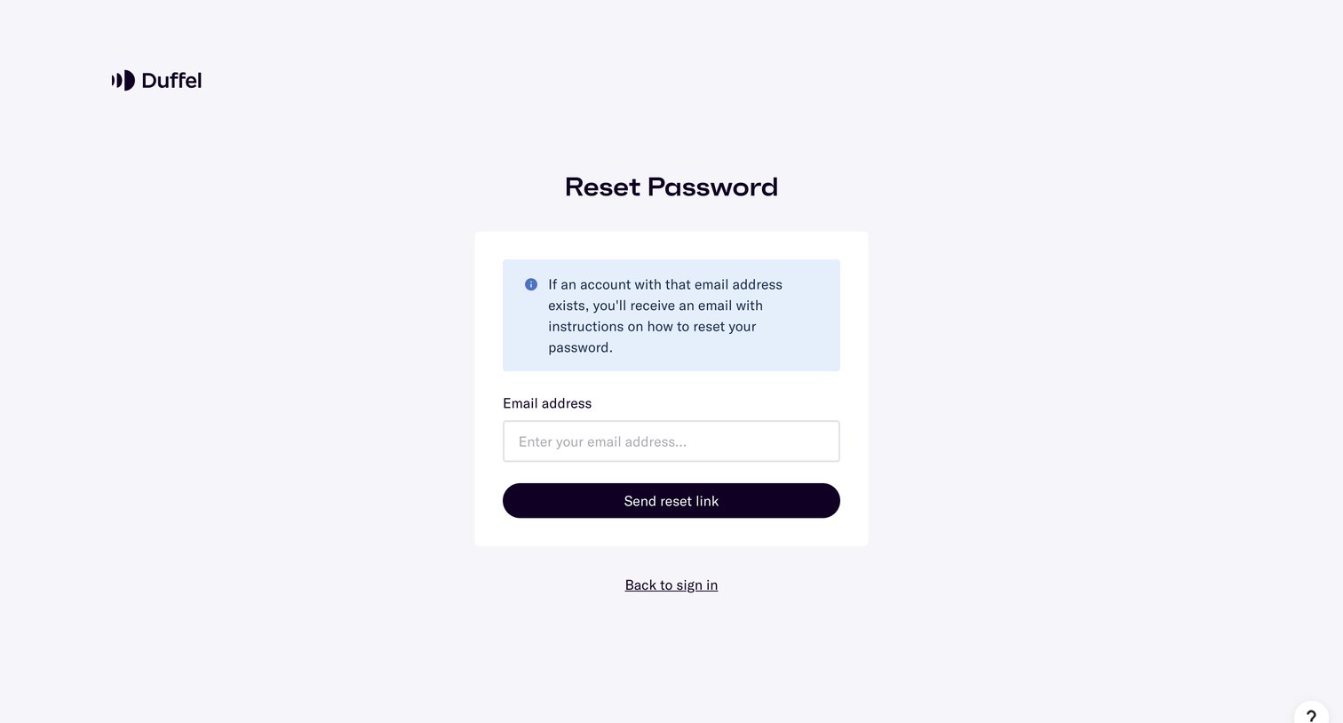 Duffel - Duffel – Reset Password screen