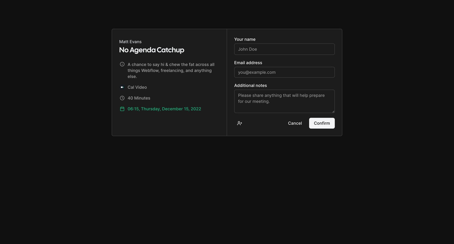 Cal.com - Confirm your No Agenda Catchup with Matt Evans | Cal.com screen
