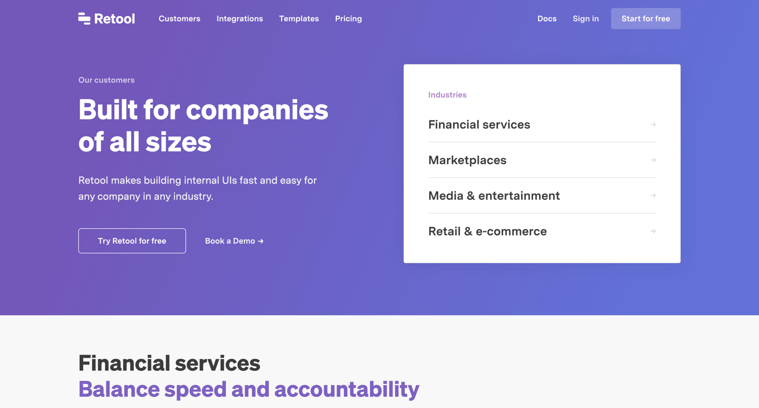 Retool - Customers screen
