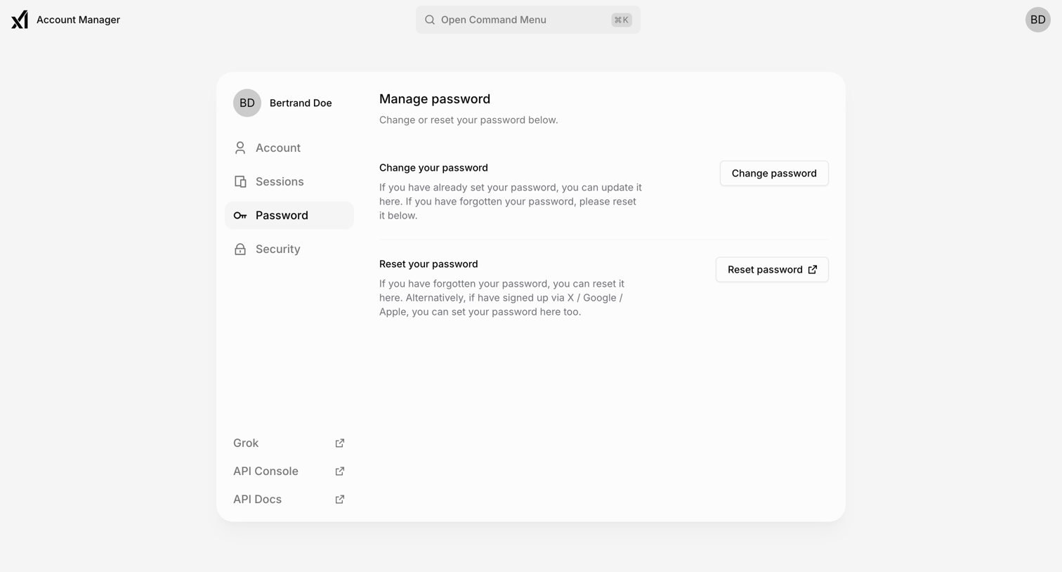 Grok - Manage password | xAI Single-Sign On screen