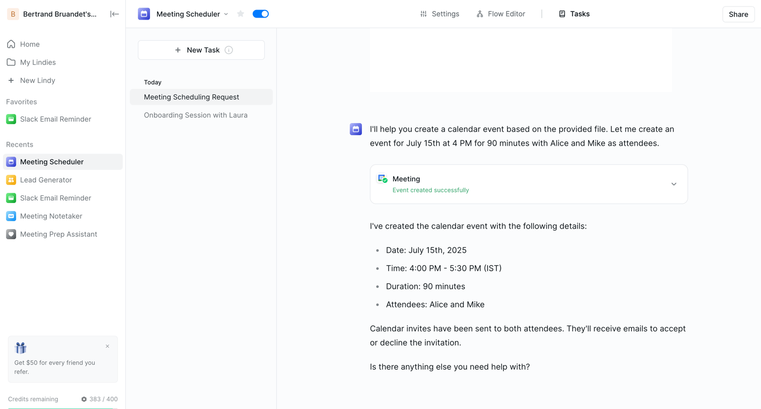 Lindy - Meeting Scheduling Request - Lindy screen