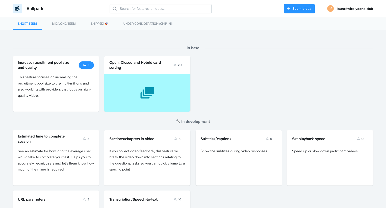 Ballpark - Short term - Ballpark | Product Roadmap screen