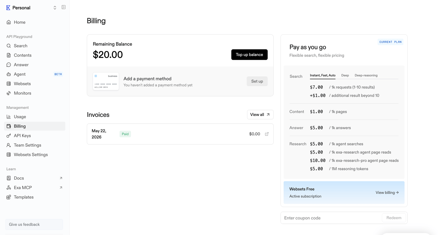 Exa - Billing | Exa API screen