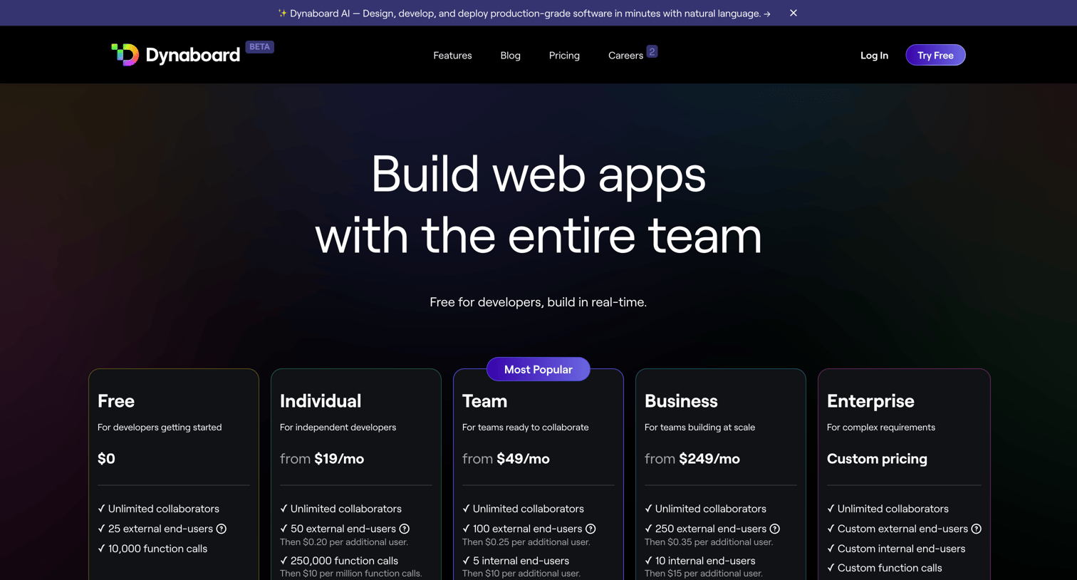 Dynaboard - Dynaboard Pricing — Free for developers screen