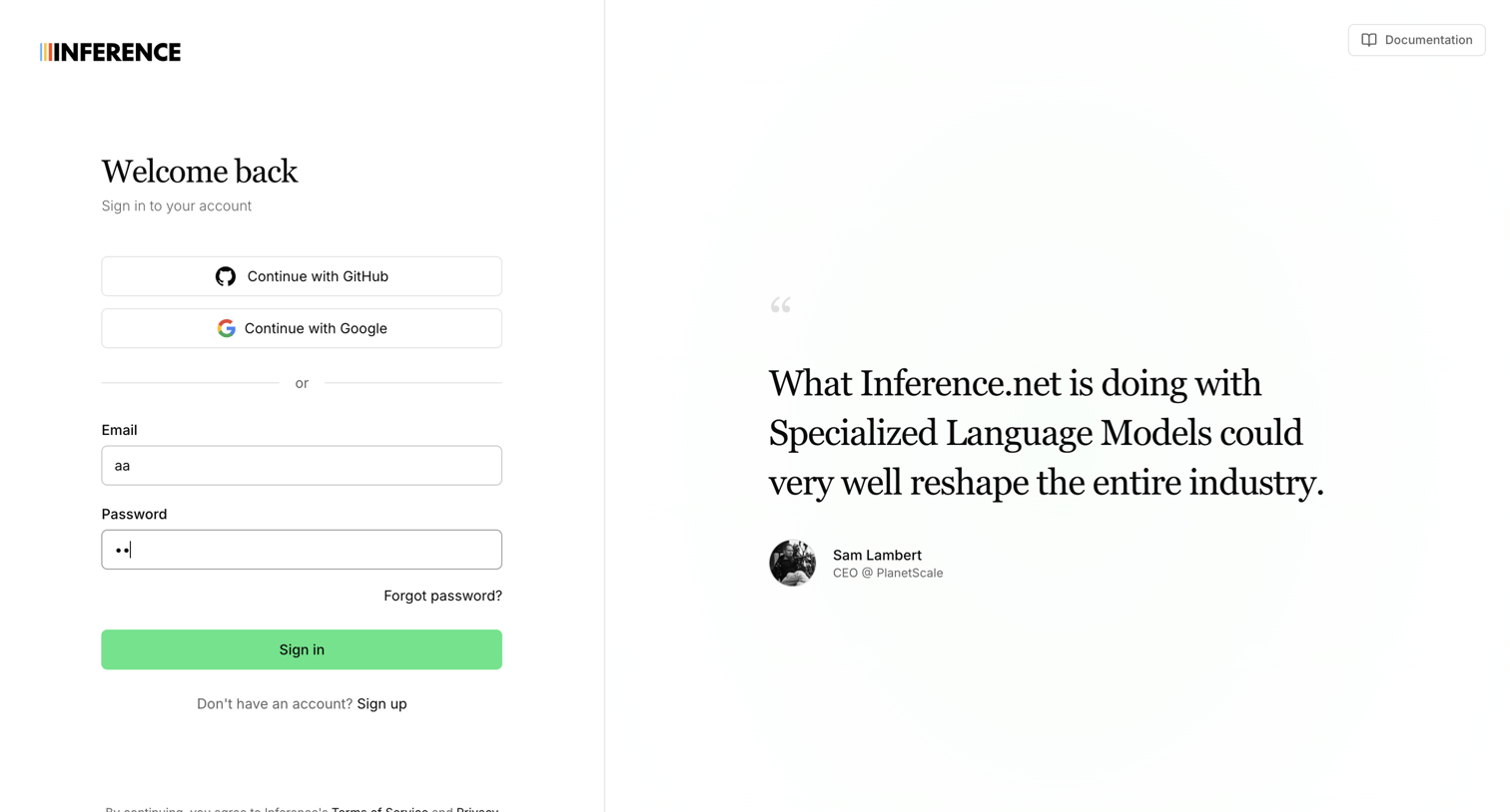 Inference - Sign In | Inference.net screen