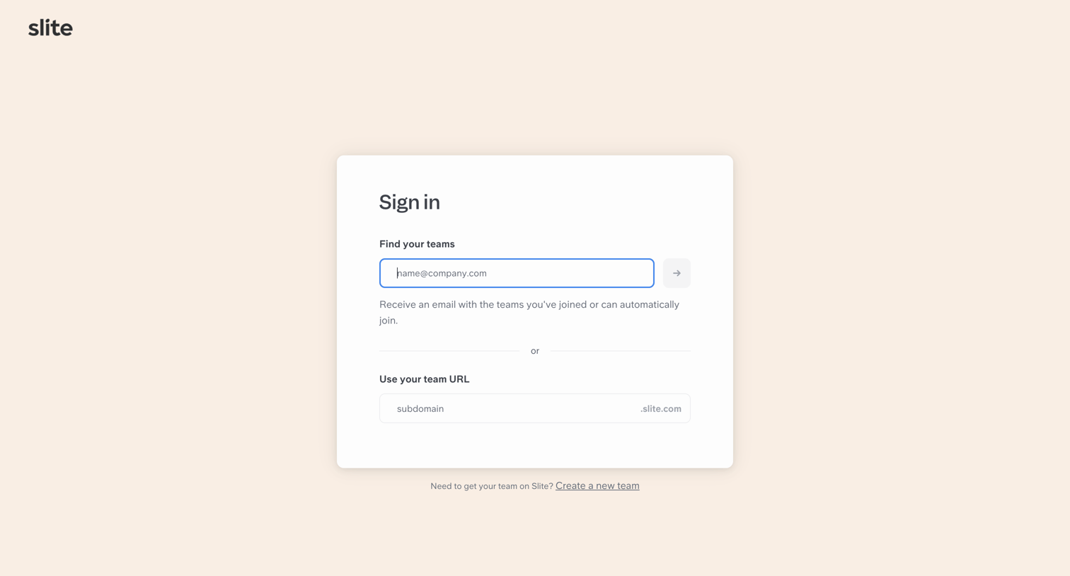 Slite - Sign in to your workspace | Slite screen