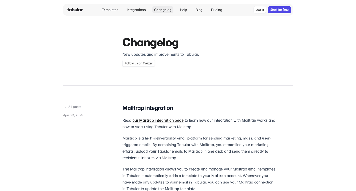 Tabular - Mailtrap integration - Changelog screen