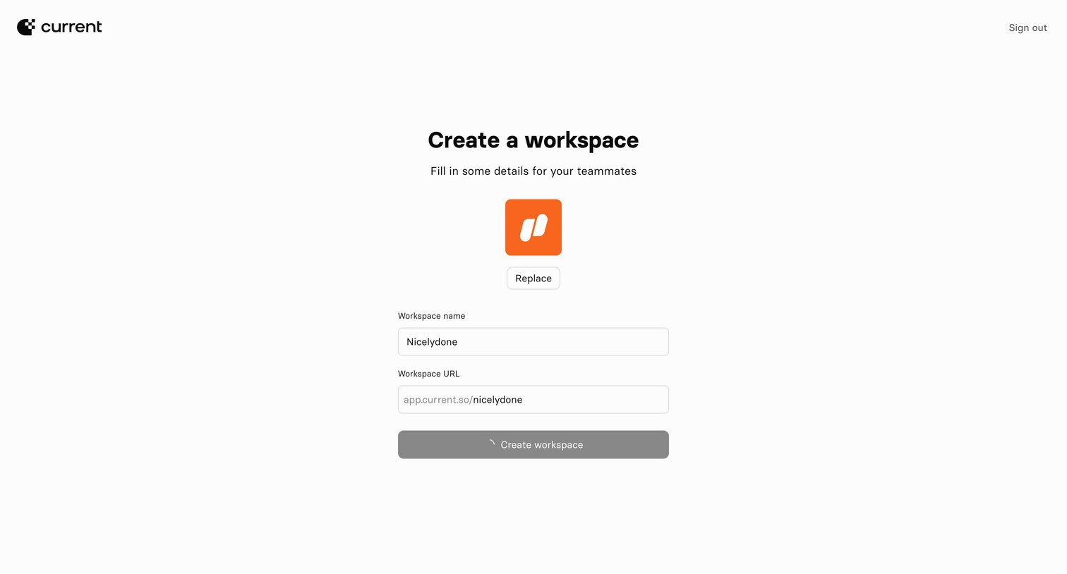 Current - Current — Create Workspace screen